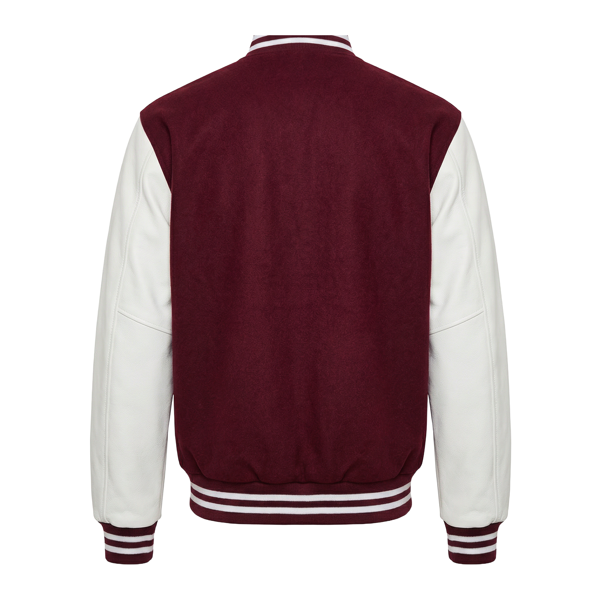 Varsity jacket with maroon back and white sleeves on a white background