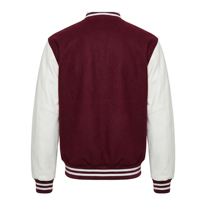 Varsity jacket with maroon back and white sleeves on a white background