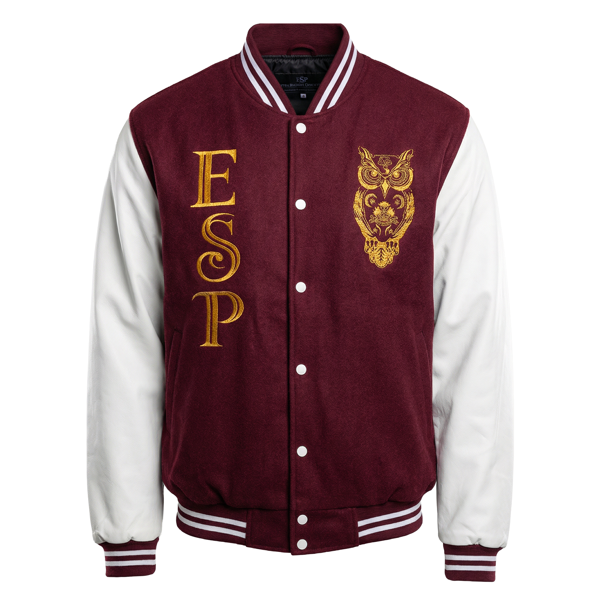 Maroon and white varsity jacket with gold owl design and 'ESP' letters on a white background